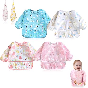 Lot De 6 Bavoirs Manches Longues Bébé + 2 Serviettes – Imperméable, Poches, 3-36 Mois, Motifs Mignons Ours, Lapin, Pingouin (Garçons & Filles)