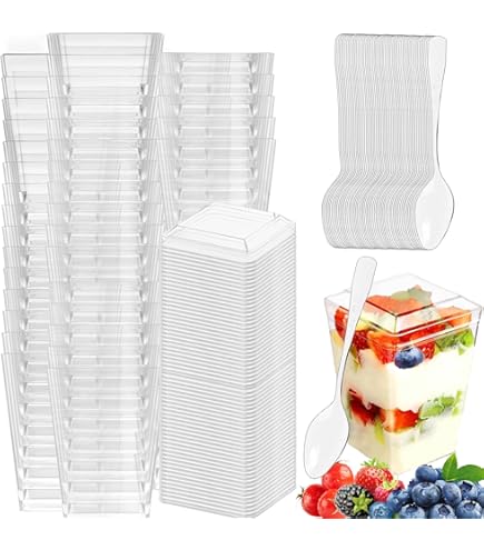Hejo 50 stuks herbruikbare dessertglazen met deksel, 160 ml dessertkommen, vierkante dessertbeker met deksel, dessertbekers voor pudding, mousse party