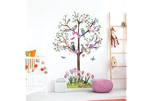 Decvictor Adesivi Murali Colorato Flori Albero Adesivi da Parete Uccelli Tulipani Erba Adesivo Muro Decorativo per Ragazze Bambini Camera da Letto Materna Muro (W81 * H124 cm)