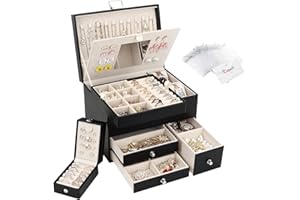 Casiwaft Jewellery Box Organiser, 3 Layers Large PU Jewelry Storage Case with Portable Case, Jewellery Box with Removable Tray and Mirror for Necklace Earring Ring Watch, Black