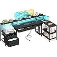 Coleshome Corner Desk with Drawers, Reversible L Shaped Gaming Desk with LED lights & Power Outlet, Computer desk with Monitor Shelf, PC Table with Storage, 195x100 cm, Black