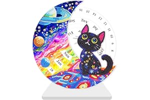 Lebartm DIY Diamond Perpetual Calendar Diamond Art Painting Wooden Manual Rotating Calendar Ornament Desk Round Perpetual Calendar Single Sided Diamond Tabletop Ornaments for Home Decor-Black Cat01
