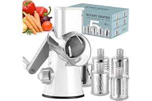 Ourokhome Rotary Cheese Grater Hand Crank, Kitchen Shredder Speed Mandolin Slicer Ice Shaver with Handle and Drum Blades for Cheese, Vegetable, Nuts, Chocolate, Potato, Carrot, 5 Blades, White