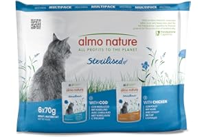 Almo Nature Functional - Sterilised - Alimento Umido per Gatti Adulti e Maturi, Sterilizzati o Poco Attivi - con Merluzzo, con Pollo - Basso Contenuto di Grassi, Idratante - 70g (Confezione da 6)