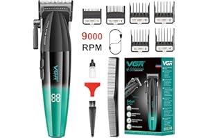 VGR 003 Cortapelos Profesional, Máquina de Cortar Pelo Hombre con Cuerpo Metálico y Motor Potente de 9000 RPM, Clipper Barbería Inalámbrico con Cuchillas Cerámicas, Pantalla LED, Carga USB, Verde
