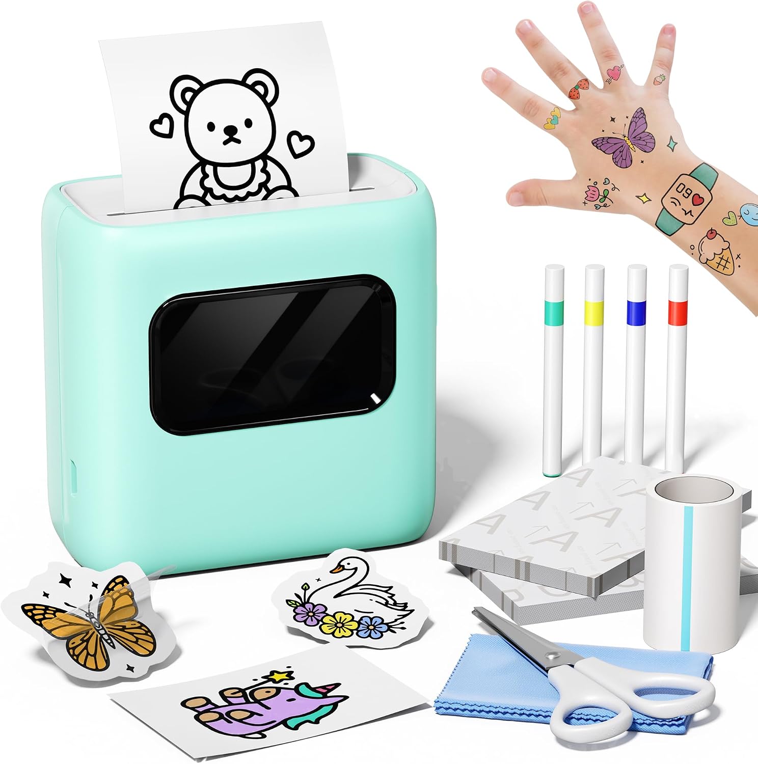 TATTMUSE Impresora Tatuajes para Niños - Regalos niña 6 7 8 9 10 Años con 40 Hojas para Tattoo y 4 Rotuladores - Juegos de Manualidades Pintura para Niños, Tatuajes Temporales Juguetes Niña 11 12 Años