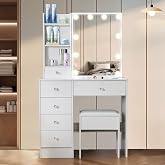 Vanrste Dressing Table with Mirror and Stool, LED Lights 3 Colours Adjustable, Makeup Vanity with 6 Drawers and 6 Shelves, Wh