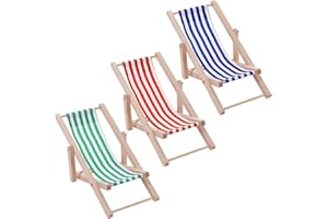 cobee 3 Stück Mini Liegestuhl Deko Klein, Miniatur Deko Liegestuhl Kinder Miniatur Strandstuhl Miniatur Puppenhaus Strandstuhl Mini Faltbarer Holz Strandstuhl Puppenhaus für Indoor Outdoor(Stil A)