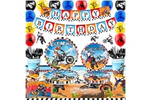 FRUITFUL PARTY Dirt Bike Motorrad Party Supplies,98pcs Motorrad Thema Party Dekoration für Jungen, Dirt Bike Geburtstag Party Banner Luftballons Teller Becher Serviette Tischdecke etc Motocross Geburtstag Supplies