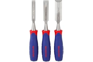 WORKPRO Zestaw 3 dłut do rzeźbienia w drewnie, 1/ cala (12 mm), 3/4 cala (19 mm), 1 cal (25 mm), fazowane ostrze pokryte chromem i wanadem, stalowa końcówka uchwytu dla młotka, antypoślizgowy uchwyt