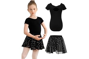 Eisnnu Body da Danza Classica per Ragazze Cotone a Maniche Corte con Gonna in Chiffon con Paillettes Rimovibile per Bambini Piccoli