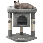 Lionto Scratching Tree with Cave, Bed and Sisal, 60 cm, Dark Grey | Compact tree with large bed, two balls and cave for climb