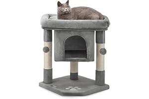 lionto Kratzbaum für Katzen mit Höhle & 2 Plüschballen inkl. Glöckchen, Höhe 60 cm, Katzenbaum mit robustem Sisalseil & weichem Plüsch, gemütliche Liegefläche, für kleine & große Katzen, dunkelgrau