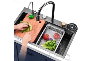 GXSDYYDS Fregadero de Cocina Rectangular de Acero Inoxidable,80 x 45cm, con Cesta de Grifo Extraíble, Fregadero cocina 1 seno para Montaje Elevado Y Plano, Fregadero Cascada, negro