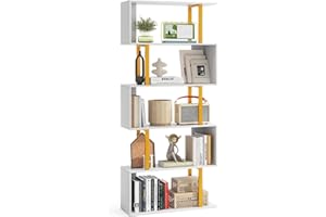 CASART S-Shaped Bookshelf, 5/6 Tiers Freestanding Bookcase with Metal Frame & Anti-Tipping Device, Modern Display Shelf Storage Shelving Unit for Living Room Bedroom Office (5-Tier：70 x 24 x 157cm)