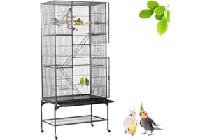 Yaheetech Cage Oiseaux Cage Perroquet Volière Oiseaux Intérieur pour Perruche Calopsitte Conure Canaris avec Pied sur Roulette 77x 46x175,5cm Noir