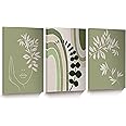 UPWOIGH Canvas Framed Wood Boho Green Wall Art, Woman Botanical Leaves Line Art Wall Decor, 12x16in Abstract Sage Wall Decor Prints Artworks for Bathroom Bedroom, Plant Neutral Wall Decor Set of 3