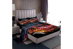 Loussiesd Juego de sábanas de Coche de Carreras de tamaño Individual para niños, Juego de sábanas de Coche, Juego de Ropa de Cama para Hombre, Moda Suave, Homeative 3 Piezas, 1 sábana encimera, 1 sáb
