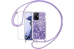 Pnakqil Glitter Liquida Funda con Cuerda para Xiaomi 11T/Xiaomi 11T Pro (5G) 6.67"+ 1 Pack Protector de Pantalla,Carcasa con Colgante Ajustable Collar Correa de Cuello Cadena Cordón-Púrpura