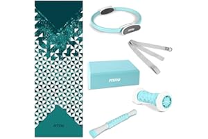 Fitfiu Fitness KITWELL-601 - Kit 6 Accessori Yoga e Pilates Colore Blu Che Include Tappetino, Cerchio, Blocco, massaggiatore per Piedi, Barra massaggiante e Cinghia per Yoga, Design Geometrico Unico