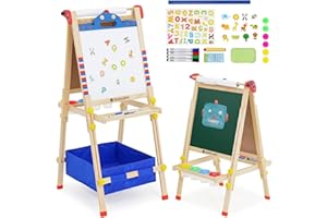 FORROBY Drewniana tablica do zabawy dla dzieci, sztaluga dziecięca 3 w 1, z regulacją wysokości, rolką papieru, kredowym pisanem, białą powierzchnią do malowania, naklejkami z kreskówek i 4 miseczkami.