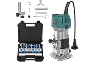 KAMANAN Routeur éLectrique DiamèTre 6,35 mm, DéFonceuse éLectrique,800W 30 000 Tr/Min, Fraiseuse à Bois à une Main Avec Interrupteur à Bascule à une Touche à Base Transparente, Avec jeu de 15 Fraises à Bois