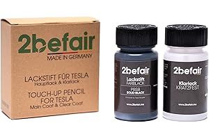 2befair Stylo de retouche Tesla (Solid Black) - Fabriqué en Allemagne, kit de peinture automobile avec peinture principale et vernis transparent (60 ml chacun), Noir