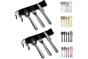 Evanda Schwarzes Campingbesteck 2 Pack, Include Messer Gabel Löffel, Titan Schwarz Plattierung Edelstahl Reisebesteck mit schwarzer Tasche, für Outdoor, Picknick, Camping, Reisen, spülmaschinenfest