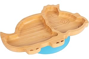 Tiny Dining Baby Plate with Suction Cup - Dinosaur - Blue - Divided Non-Slip Bamboo Self-Feeding Baby Weaning Plate for Babies, Toddlers, Children