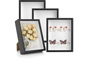 Hacaroa Set of 4 Shadow Box Picture Frame, 22x17 cm Wood Frame Memory Display Case, 3 cm Depth Shadow Boxes for Flowers, Memorabilia, Crafts, Photos, Medals and Tickets, Black