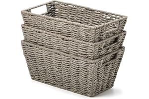 EZOWare 3 pcs Cestas de Almacenaje Multiuso, Cajas Organizadoras de Cuerda de Papel Retorcido con Efecto de Mimbre y Asas para Cocina, Baño - Gris, 30 x 17.5 x 14 cm