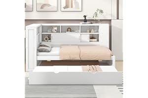 Rtopsu Kinderbett Schlafsofa Tagesbett 90x200 cm mit Ausziehbares Bett und USB-Type-C, Bett mit Stauraum Regal und Lattenrost aus Holz für 1-2 Erwachsene und Kinder, Weiß, Ohne Matratze