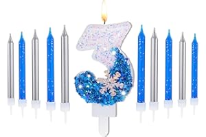 Herdear 2.8" Frozen Birthday Candles Snowflake Number Candles with 10 Pcs Long Thin Candles Blue Number 0-9 for Cake Topper Birthday Party Frozen Birthday Party Supplies (Number 3)