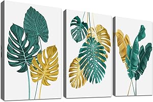 HALFLEMART 3 Panels Wooden Framed Gold Leaves Canvas Wall Art Tropical Monstera Palm Leaves Green Plant Painting Poster Canvas Print Picture Hallway Stairs Bedroom Wall Decor Ready To Hang 90x40cm(12"x16"x3pcs)