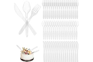 TIMJJG 90 pezzi posate in plastica, coltello, forchetta, cucchiaio, posate da festa, riutilizzabili, per dessert di frutta, manico opaco trasparente, coltello da torta, per feste di compleanno, ristorante