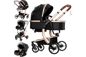 Reenborn Cuero PU Carrito Bebe 3 en 1, Carro Bebe con Dos Modos de Empuje Reversibles, Cochecito Bebe 3 Piezas con Marco de Aluminio, Carricoche Bebe con Diseño Plegable con Un Solo Clic (518 Black)