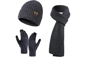 INSISMY Winter Beanie Hat Scarf and Touch Screen Gloves Set Knitted Hats Thermal Gloves Long Scarf for Men Women Neck Warmer 3 PCS Skull Cap Thick Fleece Lined Unisex