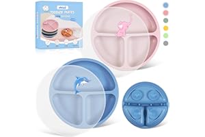 NesriToy Silikon Baby Teller mit Saugnapf und Deckeln, Geteilte Rutschfeste Babyteller Kleinkind Teller, BPA-Frei, Spülmaschinen und MikrowellenFest, 2 Stück