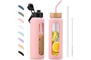 BLUEGO 900ML Bouteille d'eau en Verre et 2 Couvercles Gourde Reutilisable Tasse à Café avec Marqueur de Temps et Protecteur en Silicone Sans BPA pour Enfant et Adultes, Rose