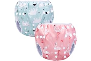 Luxja Swimming Nappy Reusable (Pack of 2), Adjustable Swim Nappies for Baby (0-3 Years), Washable, Pink Flamingo + Polar Bear