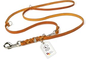 CopcoPet Greased Leather Lead for Dogs, Adjustable to 3 Positions, Soft Leather Dog Lead with Chrome Carabiners & Fittings, Braided Lead, 100% Handmade in Germany (2.40 m x 8 mm, Cognac)
