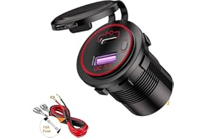 Thlevel Toma USB Cargador Coche Tipo C PD y QC3.0 Carga Rapida Impermeable con Interruptor y LED Indicador para 12V 24V Motos Vehículos Recreativos Camiones Barcos Rojo