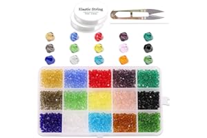 Glarks - Set di 1800 perline biconiche in cristallo da 4 mm, 15 colori a forma di bicono con corda elastica, forbici, ago per gioielli fai da te, bracciali, collane, orecchini