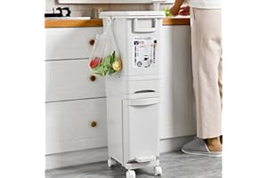 Thrink Dry and Wet Separation Trash Can, Vertical Waste Separation System with Wheels, Rubbish Trash Garbage Can, Kitchen Recycling Pedal Bin Waste with Large Recycle Compartments (32L)