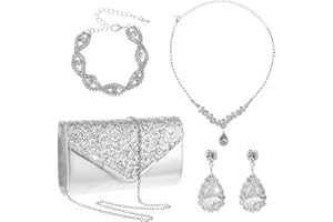 Yolev Bridal Jewellery Set with Silver Clutch Bag for Weddings Rhinestone Necklace, Bracelet, Earrings, Prom Jewellery Set for Brides & Bridesmaids
