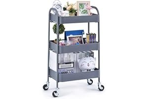 KINGRACK rollwagen, küchenwagen 3 etagen rollwagen Metall, allzweckwagen für Küche Bad Kosmetik, servierwagen mit Rollen Griffe, Regalwagen für Büro Salon, Keine Schraube, einfache Montage Grau