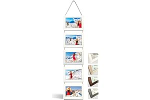 NEOWS Portafotos Múltiple Decorativo para Colgar en Pared - Marcos de Fotos Multiples de Madera Con Cuerda - Collage Portarretratos Colgante - Fotos 10x15 cm (Blanco Rasgado, 5 Fotos Horizontal)