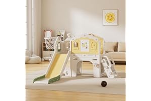 VUECER Tobogán para Niños Pequeños con Escalera: Zona de Juegos Interior y Exterior con Caja de Almacenamiento Túnel Escalera Aro de Baloncesto y Zona de Paso Tobogán de Jardín (SDW-L-Green Yellow)