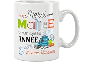 JOLI MUG Maître ; Merci pour cette super année. Cadeau fin d'année scolaire. Mug pour maître, maîtresse, atsem et nounou au choix. Cadeau original. Prix mini. Haute qualité 11oz - 320 ML (MAÎTRE)