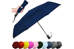 EEZ-Y Compact Travel Umbrella w/Windproof Double Canopy Construction - Auto Open Close Button for One Handed Operation - Sturdy Portable and Lightweight for Easy Carry